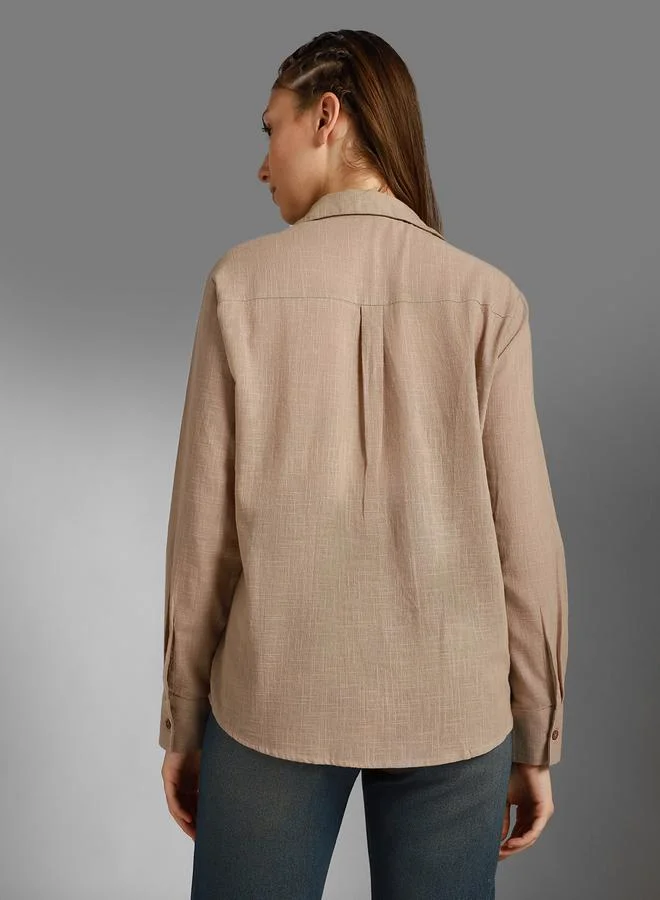 HIGH STAR Women's Taupe 100% Cotton Solid Pattern Button Down Shirt