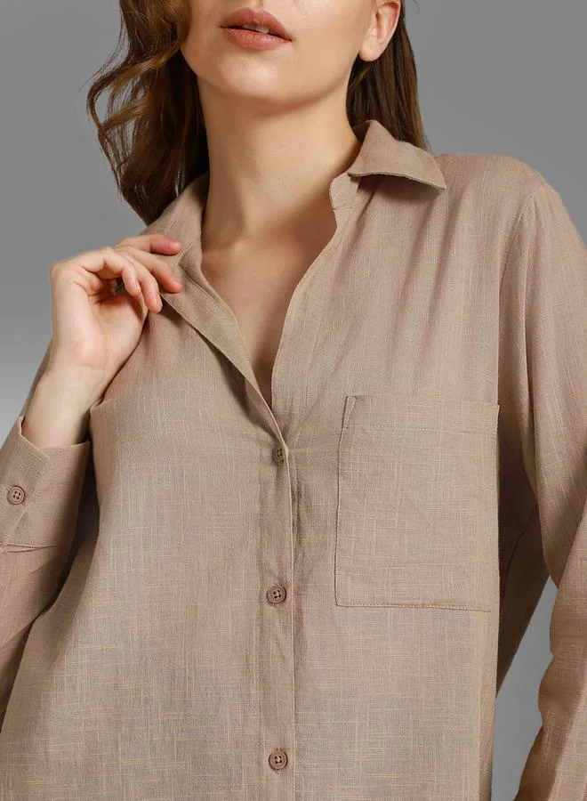 HIGH STAR Taupe Women's Taupe 100% Cotton Solid Pattern Button Down Shirt for Women | Best Price UAE