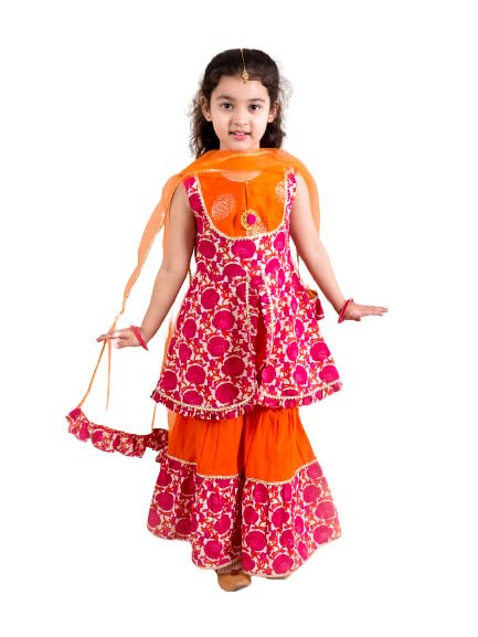 Pspeaches Girls Magenta Orange Printed Angrakha Cotton Kurta Set (Pink-12-14Y) - Image 4