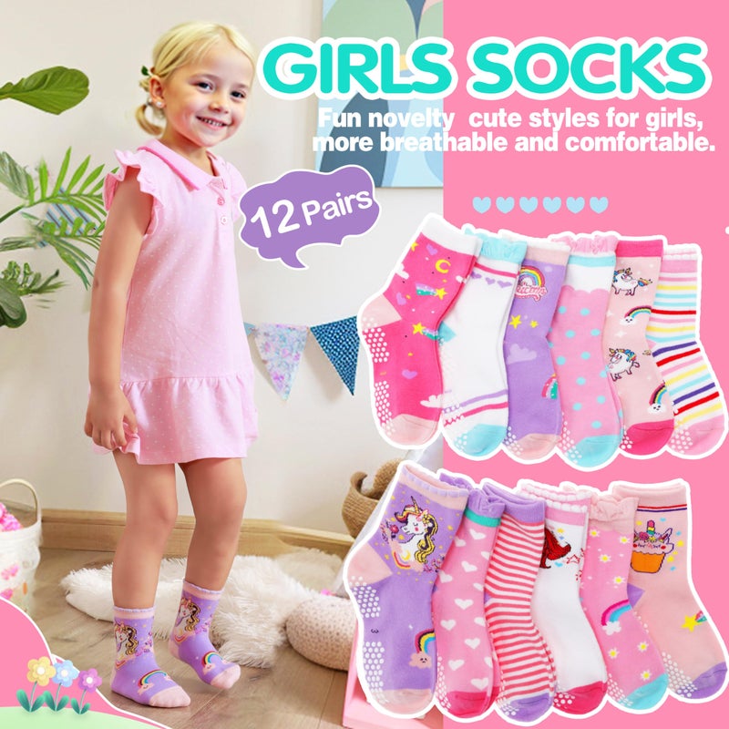 Welwoos Baby Girls Toddlers Grips Socks Kids Non Slip Anti Skid Funny Animal Cartoon Gift Cotton Socks with Grippers 12 Pairs Stocking Stuffers (Rainbow,3-5 Y) - Image 2