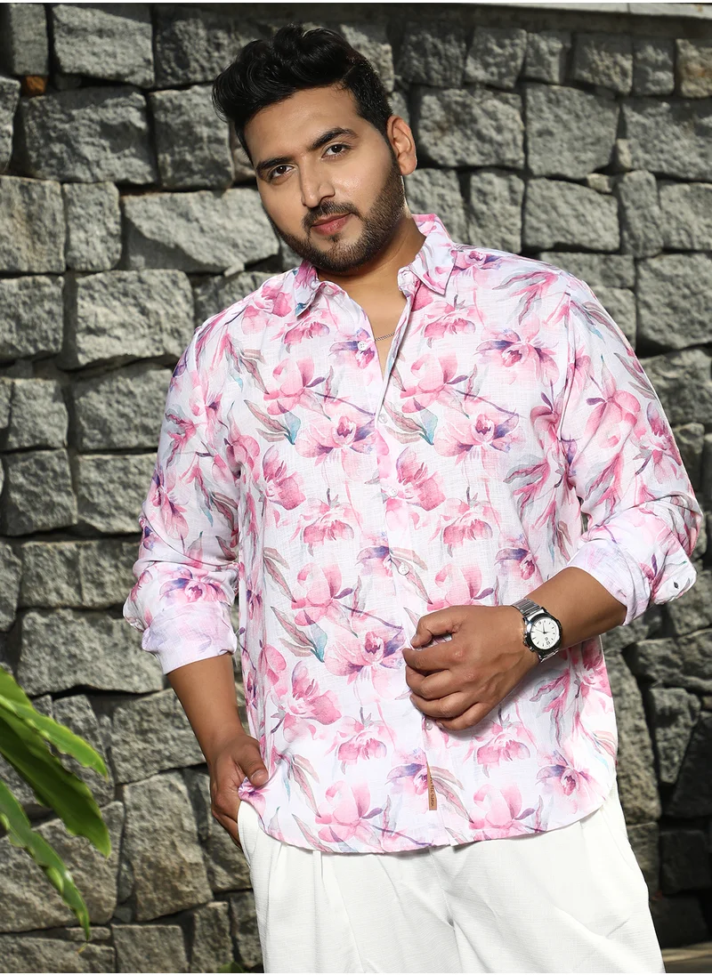 انستافاب بلس Instafab Plus Men's Rose Pink Water-Lily Shirt For Casual Wear | Spread Collar | Short Regular Sleeves | Button Closure | Plus Size Shirt Crafted With Comfort Fit For Everyday Wear