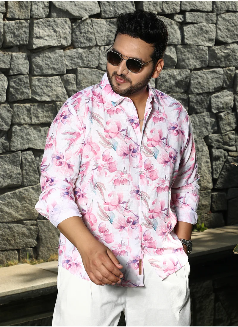 انستافاب بلس Instafab Plus Men's Rose Pink Water-Lily Shirt For Casual Wear | Spread Collar | Short Regular Sleeves | Button Closure | Plus Size Shirt Crafted With Comfort Fit For Everyday Wear
