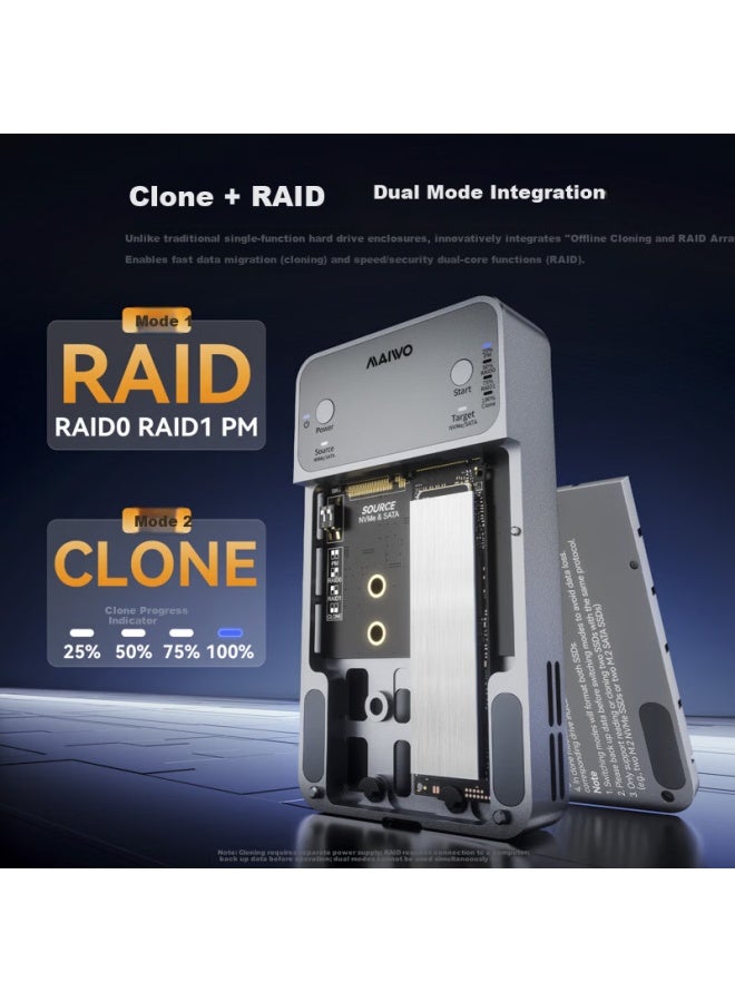 MAIWO حاوية SSD مزدوجة من Maiwo M.2 Nvme/sata مع دعم Raid0/1، نسخ غير متصل، قاعدة قراءة خارجية بسرعة 20 جيجابت في الثانية - Image 1