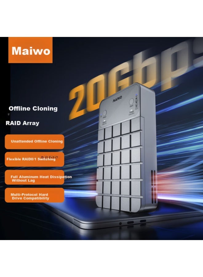 MAIWO حاوية SSD مزدوجة من Maiwo M.2 Nvme/sata مع دعم Raid0/1، نسخ غير متصل، قاعدة قراءة خارجية بسرعة 20 جيجابت في الثانية - Image 4