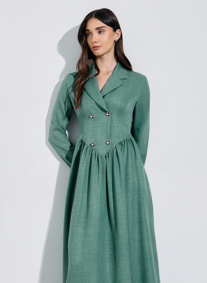Styli Green Solid Pleated Details Long Sleeves Shirt Maxi Dress - Image 2