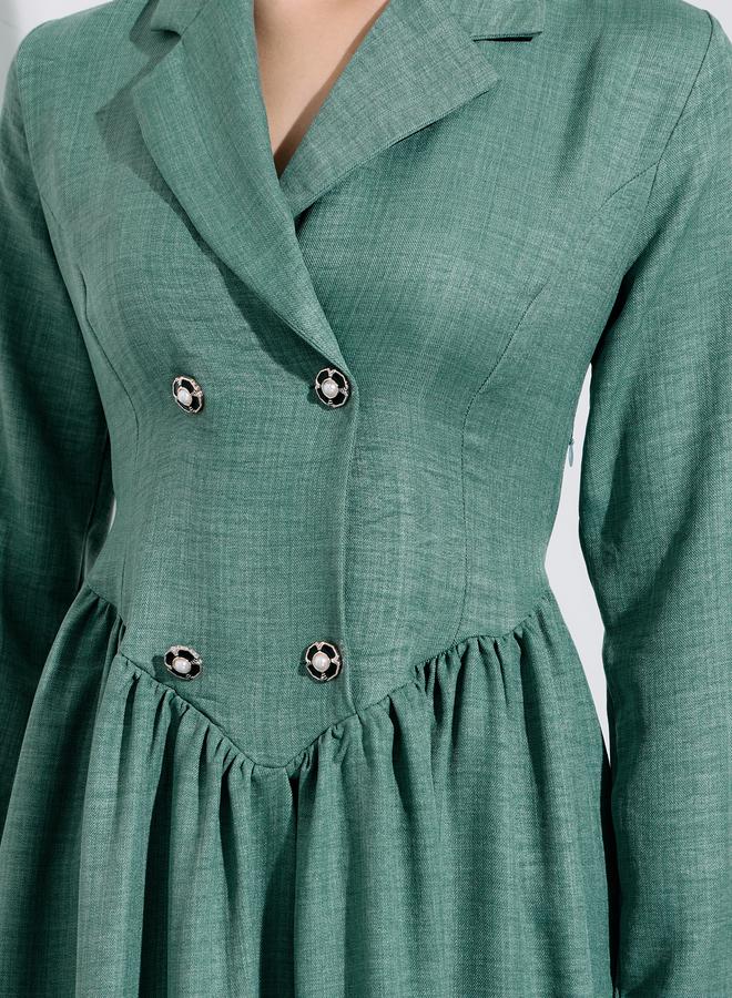 Styli Green Solid Pleated Details Long Sleeves Shirt Maxi Dress - Image 4