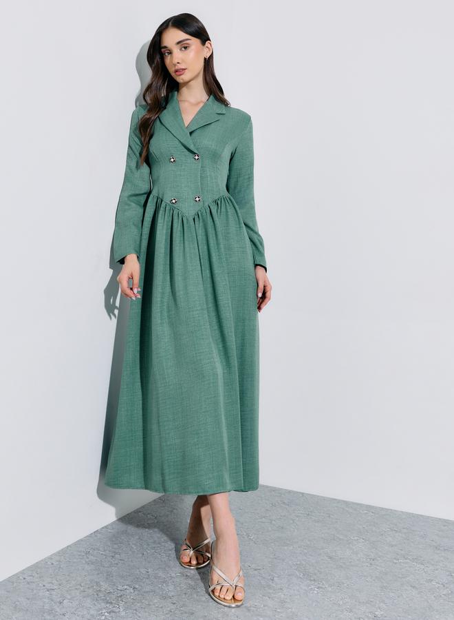 Styli Green Solid Pleated Details Long Sleeves Shirt Maxi Dress - Image 1