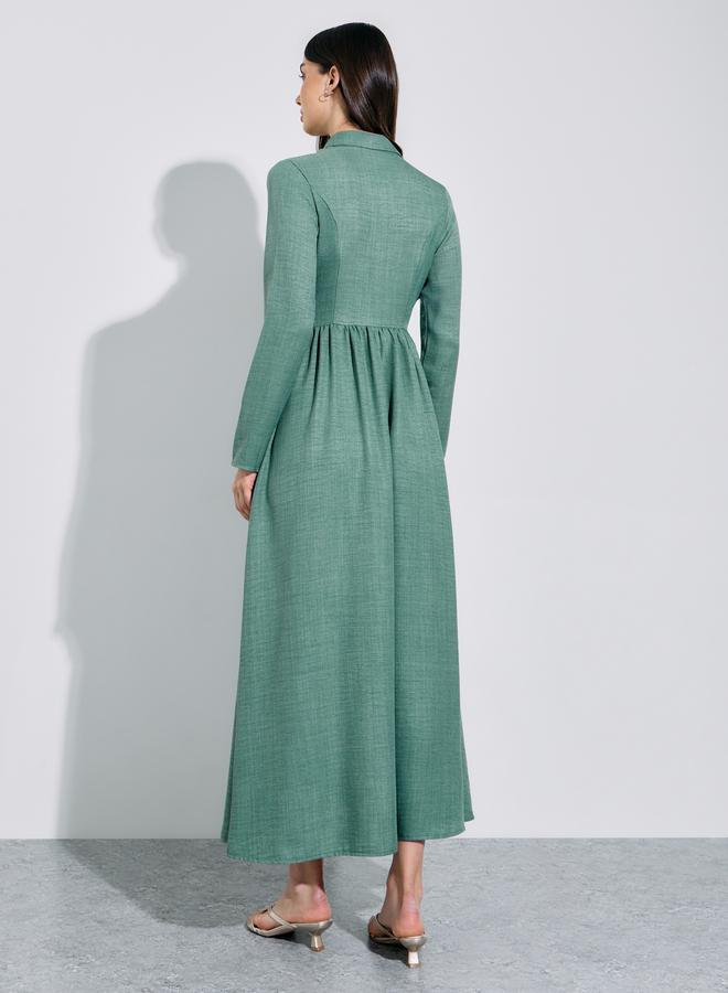 Styli Green Solid Pleated Details Long Sleeves Shirt Maxi Dress - Image 3