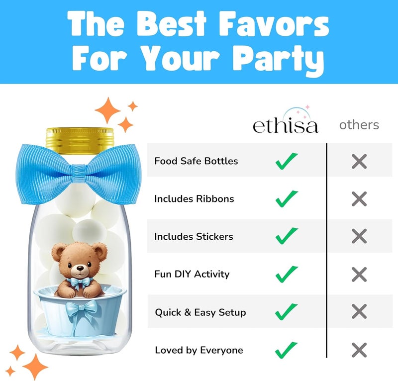 Ethisa Small 12 Pack We Can Bearly Wait Party Favors for Boy - Candy Jars with Bowties and Stickers - DIY Party Decoration Bottles for Baby Shower and Gender Reveal - Blue Teddy Bear Table Centerpiece - Image 5
