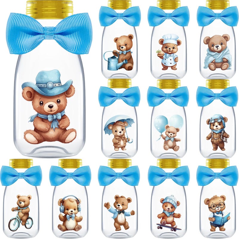 Ethisa Small 12 Pack We Can Bearly Wait Party Favors for Boy - Candy Jars with Bowties and Stickers - DIY Party Decoration Bottles for Baby Shower and Gender Reveal - Blue Teddy Bear Table Centerpiece - Image 1