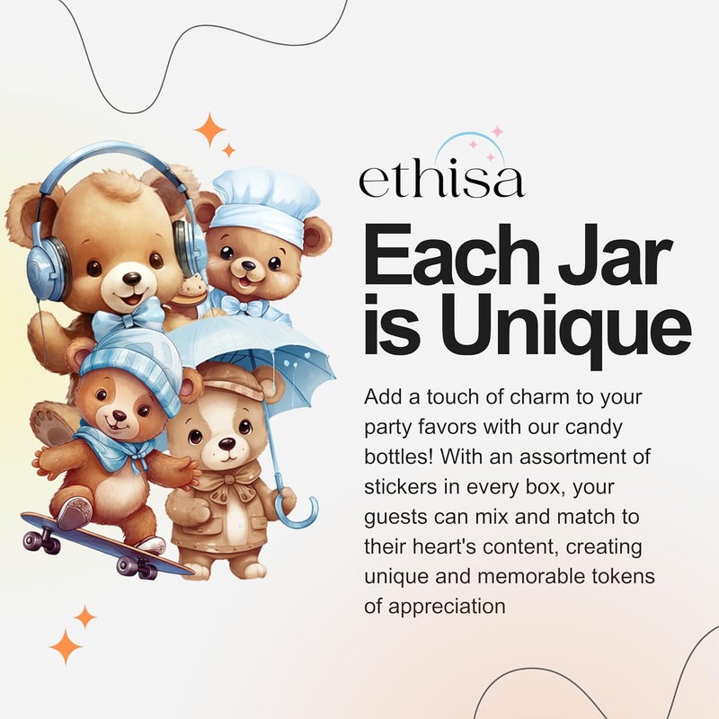 Ethisa Small 12 Pack We Can Bearly Wait Party Favors for Boy - Candy Jars with Bowties and Stickers - DIY Party Decoration Bottles for Baby Shower and Gender Reveal - Blue Teddy Bear Table Centerpiece - Image 3