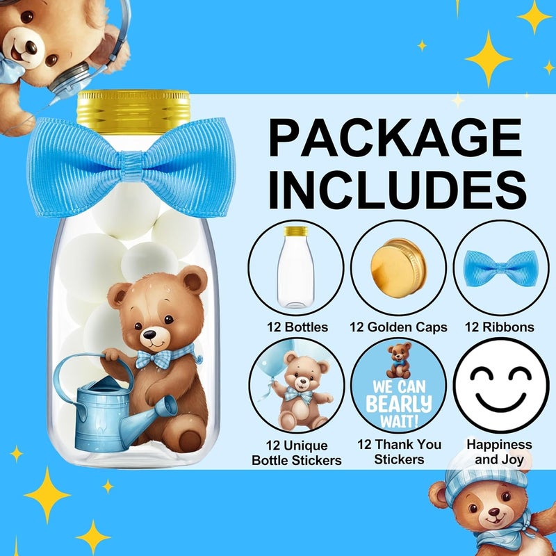 Ethisa Small 12 Pack We Can Bearly Wait Party Favors for Boy - Candy Jars with Bowties and Stickers - DIY Party Decoration Bottles for Baby Shower and Gender Reveal - Blue Teddy Bear Table Centerpiece - Image 2