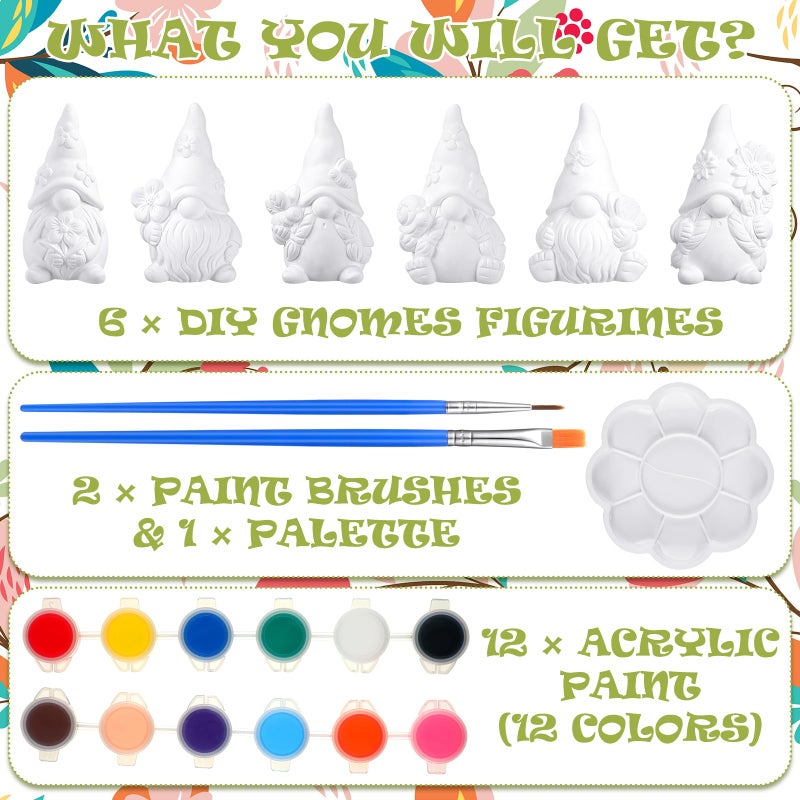 Poen 6 Sets Ready to Paint Your Own Ceramic Gnome Statues Spring DIY Unpainted Ceramics Gnome Figurines Kit Spring Crafts Gifts Drawing Figurines DIY Art and Craft with Brush Palette Paint for Adult - Image 3
