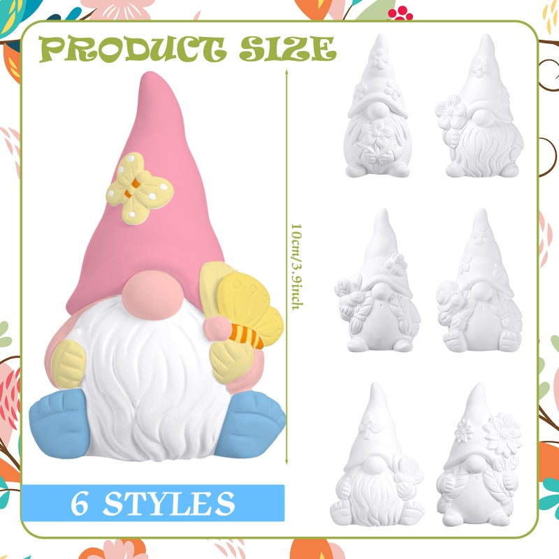 Poen 6 Sets Ready to Paint Your Own Ceramic Gnome Statues Spring DIY Unpainted Ceramics Gnome Figurines Kit Spring Crafts Gifts Drawing Figurines DIY Art and Craft with Brush Palette Paint for Adult - Image 2