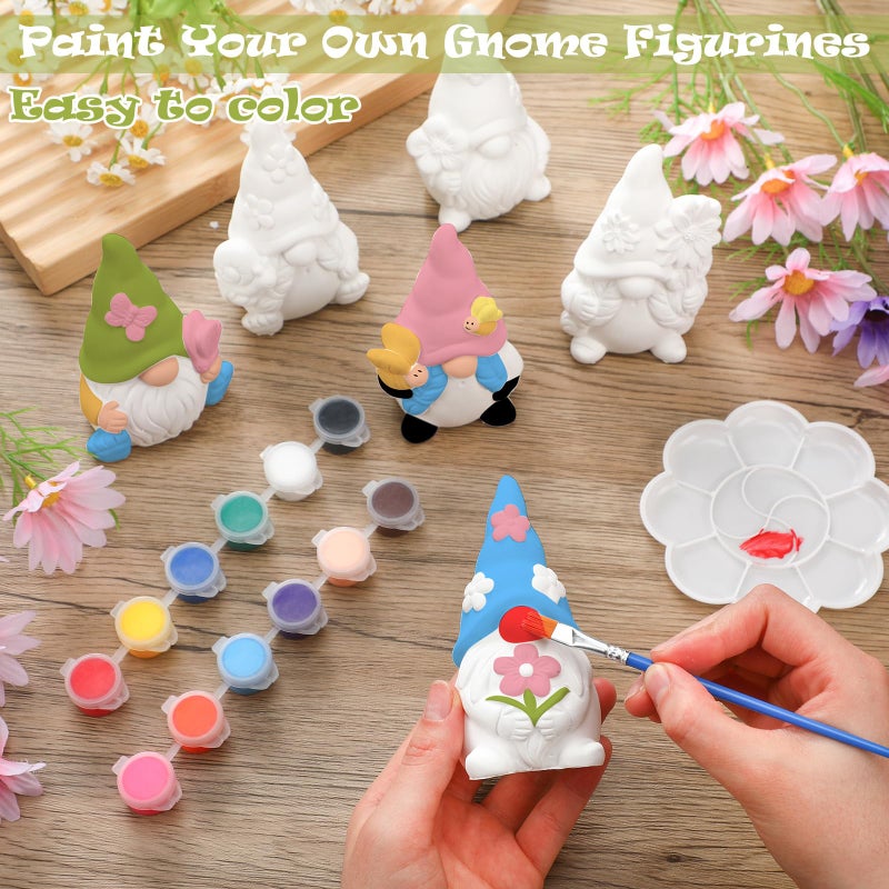 Poen 6 Sets Ready to Paint Your Own Ceramic Gnome Statues Spring DIY Unpainted Ceramics Gnome Figurines Kit Spring Crafts Gifts Drawing Figurines DIY Art and Craft with Brush Palette Paint for Adult - Image 4