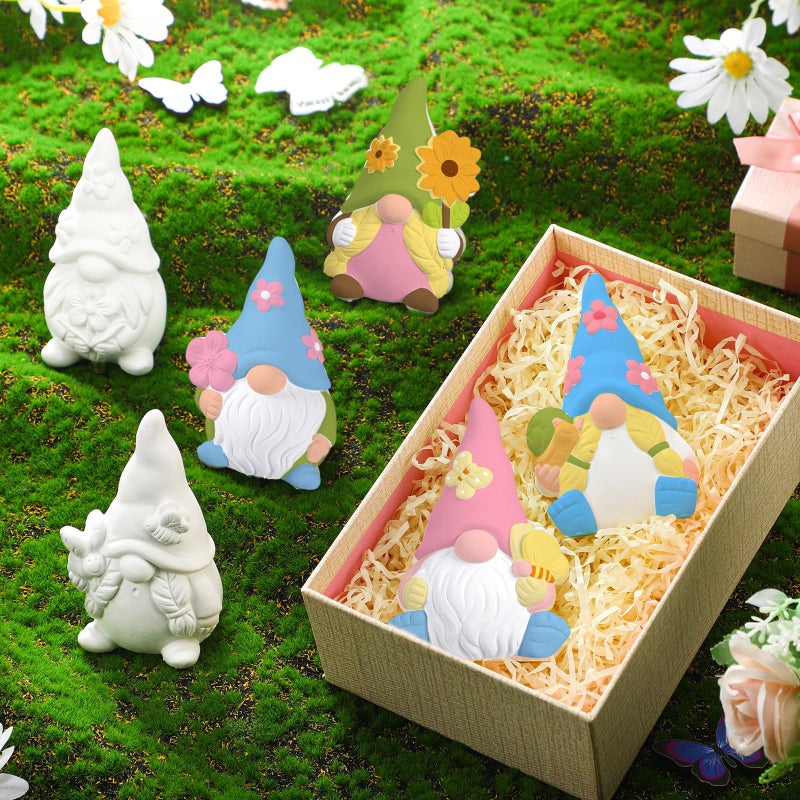 Poen 6 Sets Ready to Paint Your Own Ceramic Gnome Statues Spring DIY Unpainted Ceramics Gnome Figurines Kit Spring Crafts Gifts Drawing Figurines DIY Art and Craft with Brush Palette Paint for Adult - Image 5