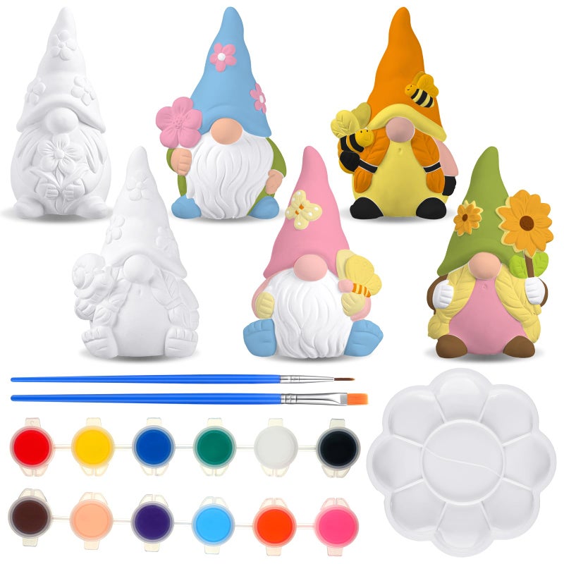 Poen 6 Sets Ready to Paint Your Own Ceramic Gnome Statues Spring DIY Unpainted Ceramics Gnome Figurines Kit Spring Crafts Gifts Drawing Figurines DIY Art and Craft with Brush Palette Paint for Adult - Image 1