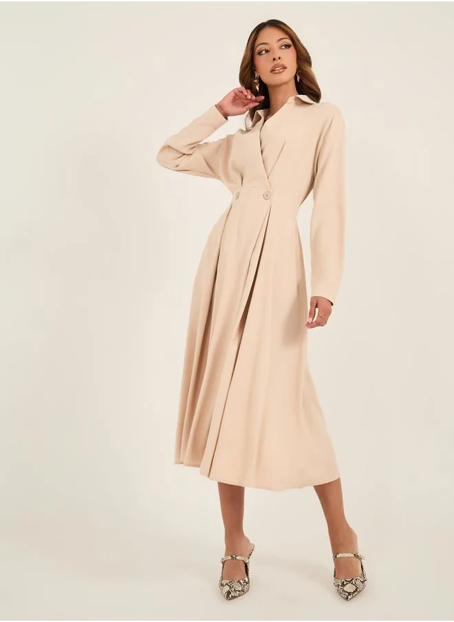 Styli Solid Pleated Wrap Shirt Midi Dress with Buttons Detail