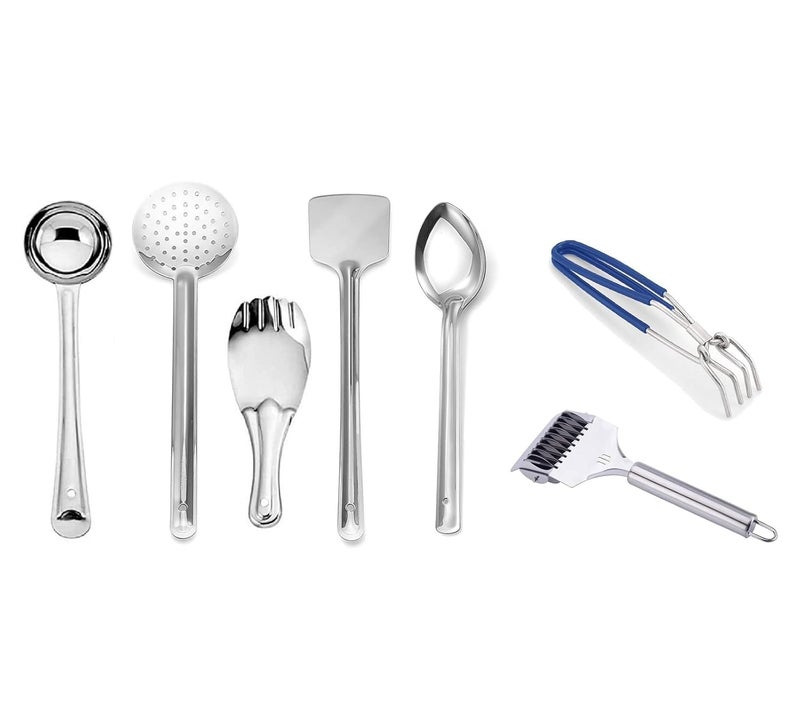 Tekzie Stainless Steel 5 Pcs Cooking Spoon Set Pakkad Rubber Grip Rolling Noodle Cutter Kitchen Tools Set - Image 1