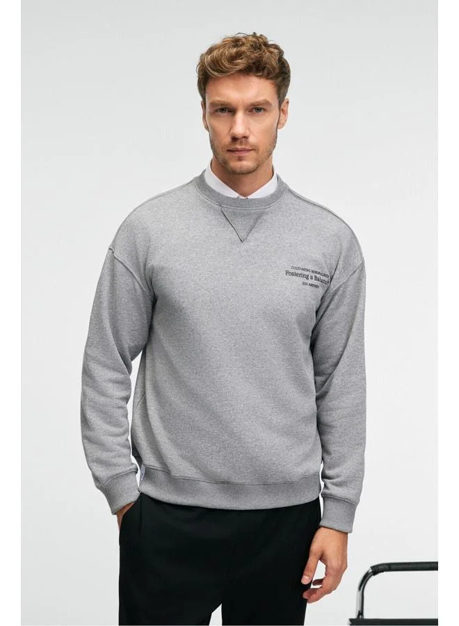 GRIMELANGE CASPIAN Men's Cotton Bike Neck Karyoka Stitch-Printed Anthracite Sweatshirt.