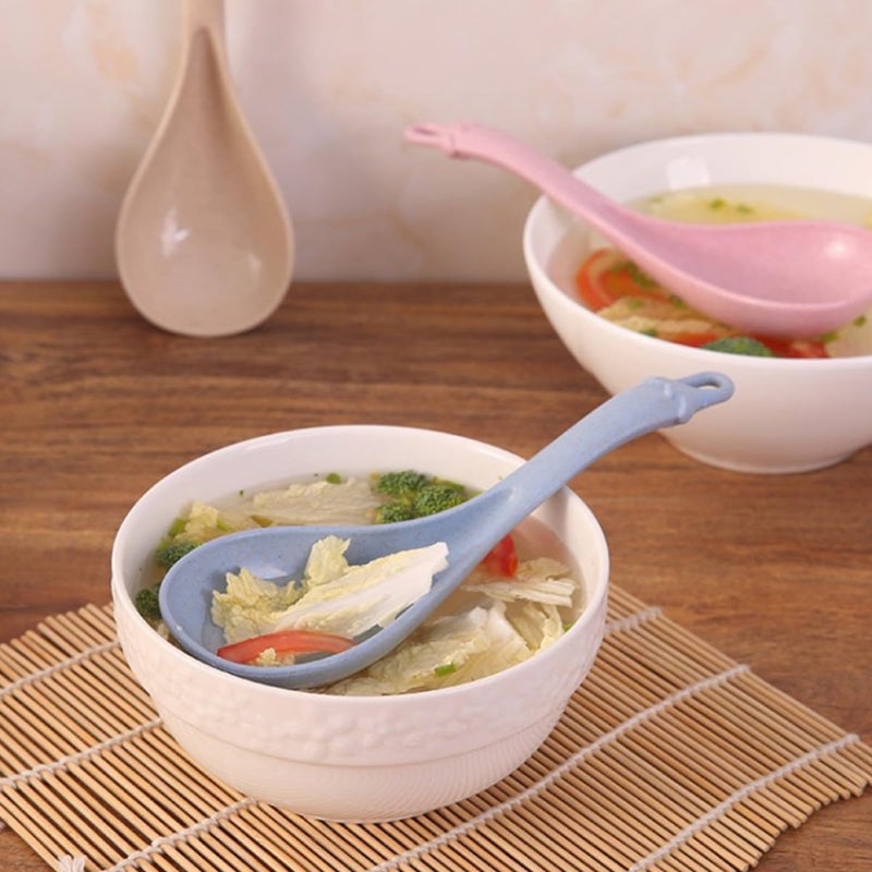 Wheat Straw Long Handle Soup Spoons Set of 4 for Porridge Hot Pot Serving Blue Green Beige Pink - Image 5