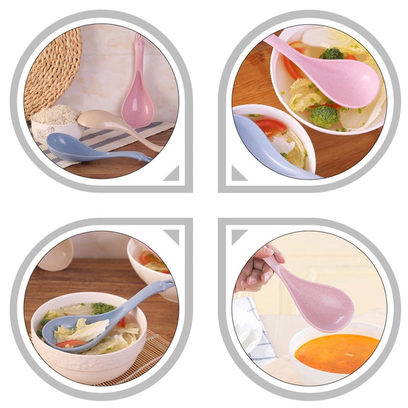 Wheat Straw Long Handle Soup Spoons Set of 4 for Porridge Hot Pot Serving Blue Green Beige Pink - Image 4