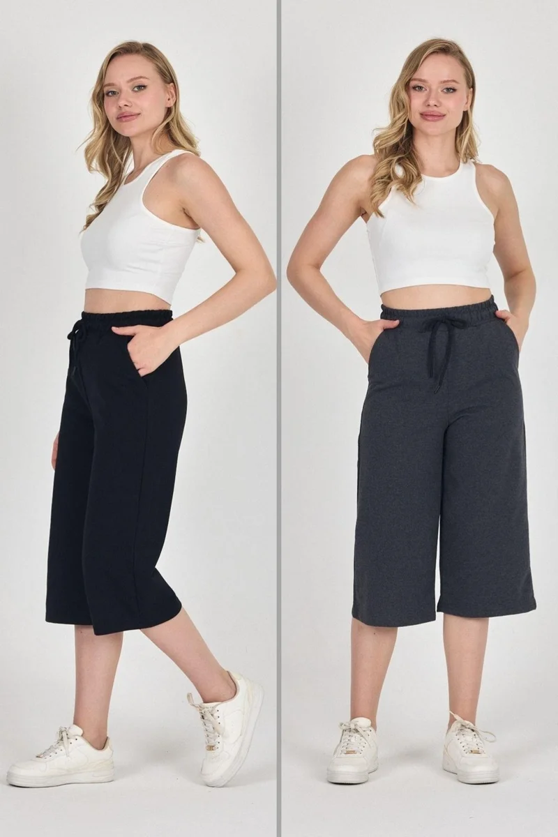 ميتاليك High Waist Pocketed Relaxed Cut Seasonal Women's Below Knee 2-Pack Bermuda Black-Anthracite Capri Shorts