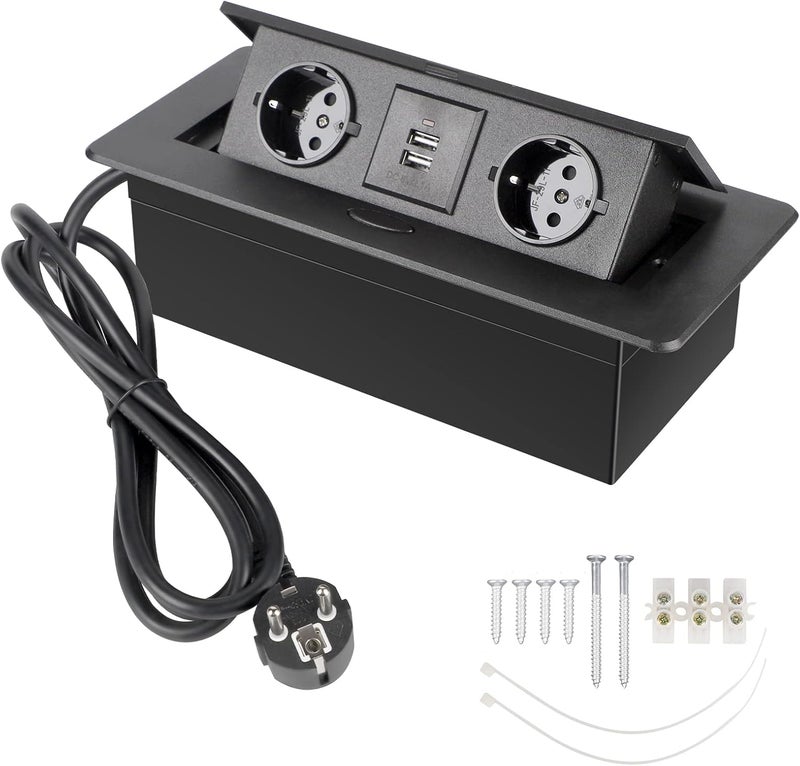 CPROSP USB Table Socket/Plug/1.8M Cable, Multienchufe Retractable Strip for Black Table, 2 Sockets Socket and 2 USB - Image 1
