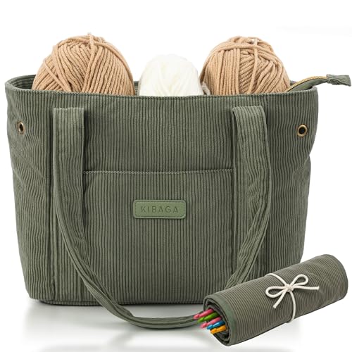 KIBAGA Stylish Yarn Bag for Crochet and Knitting Projects Corduroy Crochet Organizer with 4 Interior Pockets and Yarn Holes Perfect for Storing Hooks Needles and Crafting Accessories - Image 1