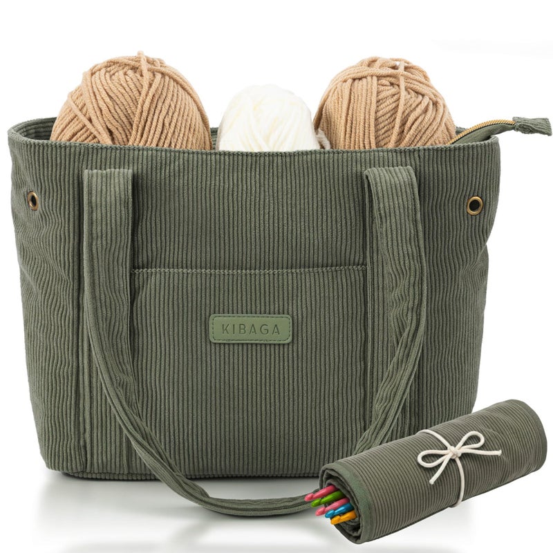 KIBAGA Stylish Yarn Bag for Crochet and Knitting Projects Corduroy Crochet Organizer with 4 Interior Pockets and Yarn Holes Perfect for Storing Hooks Needles and Crafting Accessories - Image 2