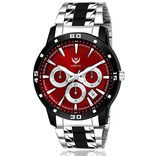 LORENZ Stainless Steel Luxury Analog Men'S Watch (Red Dial Silver Colored Strap) - Image 1