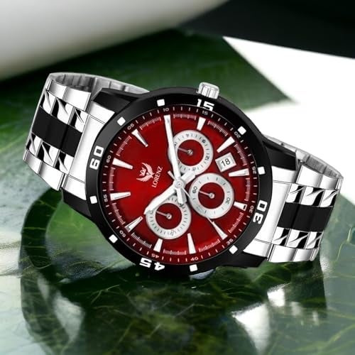 LORENZ Stainless Steel Luxury Analog Men'S Watch (Red Dial Silver Colored Strap) - Image 2