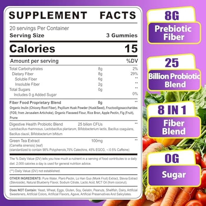 NEVISS 8G Fiber Gummies with Probiotics, Fiber Supplement with 25 Billion CFU Probiotics Blend, Inulin, Green Tea Extract Support Digestive Health, Regularity, No Sugar Added, Daily Gummy for Adults, 60Cts - Image 2