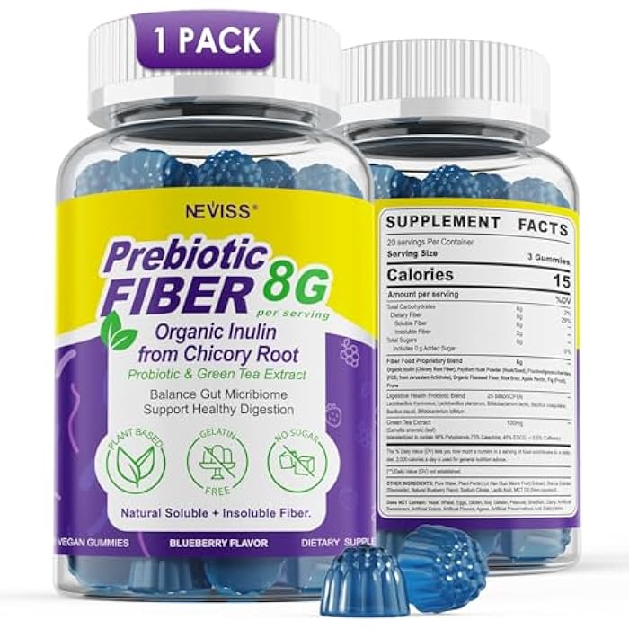 NEVISS 8G Fiber Gummies with Probiotics, Fiber Supplement with 25 Billion CFU Probiotics Blend, Inulin, Green Tea Extract Support Digestive Health, Regularity, No Sugar Added, Daily Gummy for Adults, 60Cts - Image 1