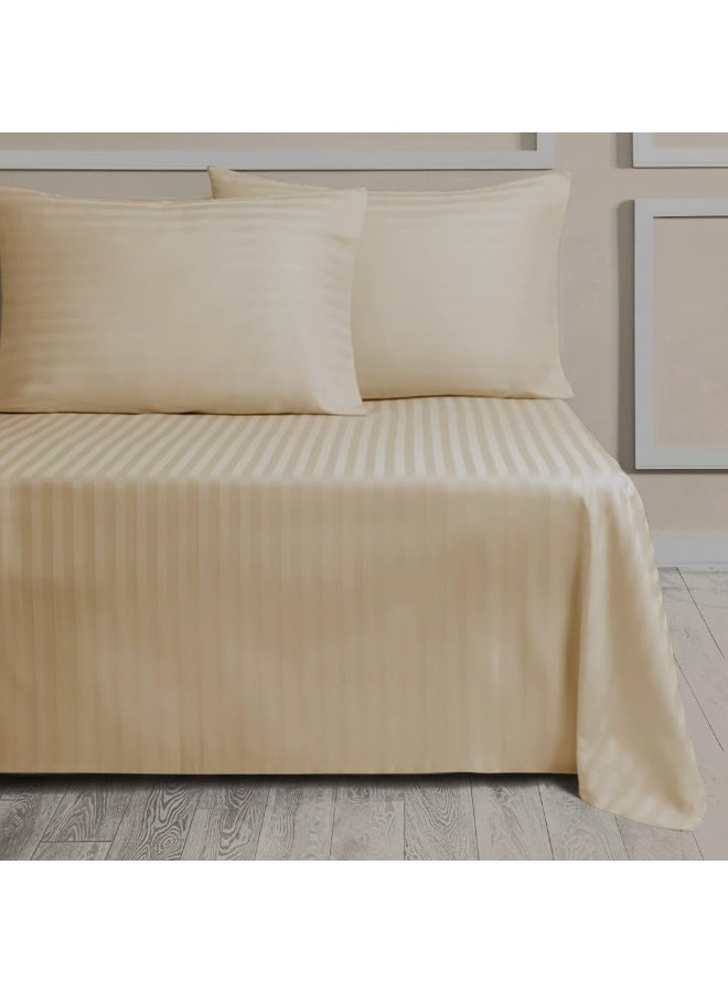 Fabienne King Bed Sheet Set with 2 Pillowcases 50×75cm 100% Microfiber 240×260cm Flat Sheet for King/Double Beds 1cm Stripe Soft Bed Sheet Set for Hotels and Home Beige