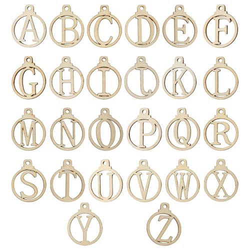 Yueton 52PCS AZ Wooden Letter Ornaments Unfinished Letter Wood Pieces Wooden Gift Tags for Birthday Wedding Halloween Christmas Thanksgiving Advent New Year - Image 1