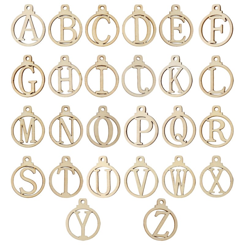 Yueton 52PCS AZ Wooden Letter Ornaments Unfinished Letter Wood Pieces Wooden Gift Tags for Birthday Wedding Halloween Christmas Thanksgiving Advent New Year - Image 3