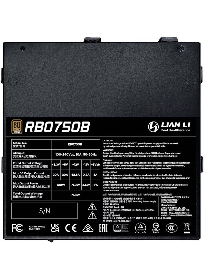 LIAN LI RB0750B 750W PSU, 80 PLUS Bronze, ATX 3.1, 12V-2x6 PCIe Connector, Non-Modular, 135mm HYB Smart Fan, Built-in Cable Management, Active PFC, Six Protection Systems | Black - Image 3