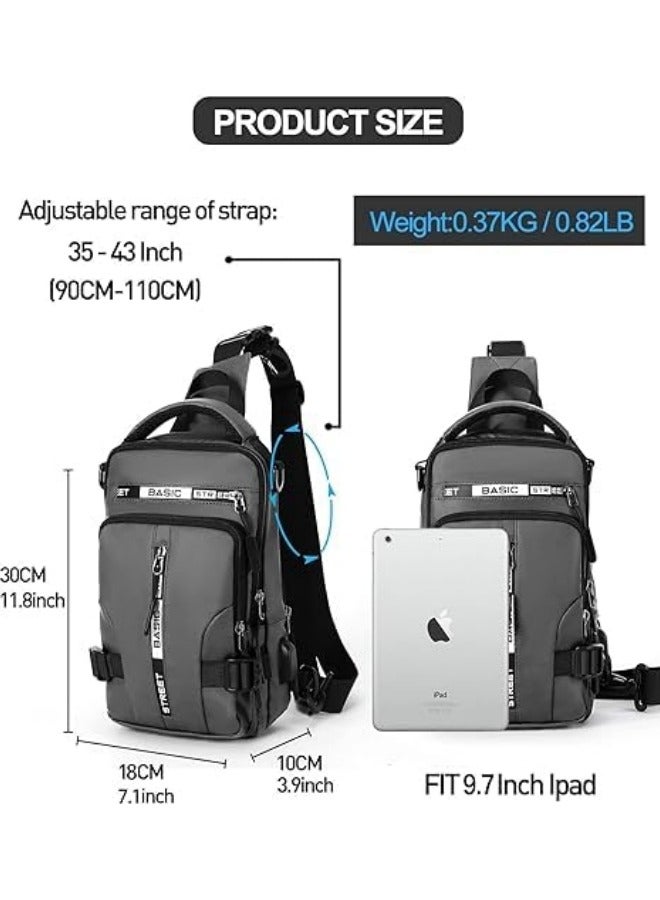 GGEROU Men Sling Bag Shoulder Crossbody Backpack with Adjustable Strap Waterproof Chest Bag with USB Charging Port Casual Daypack Grey - Image 4