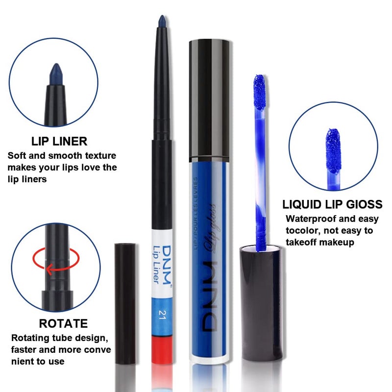 evpct 2Pcs Royal Light Blue Matte Liquid Lipstick and Lip Liner Pencil Makeup Set DNM Blue Lipstick 24H and with Lip Liner Set Waterproof Long Lasting labiales mate 24 horas originales 21# - Image 3