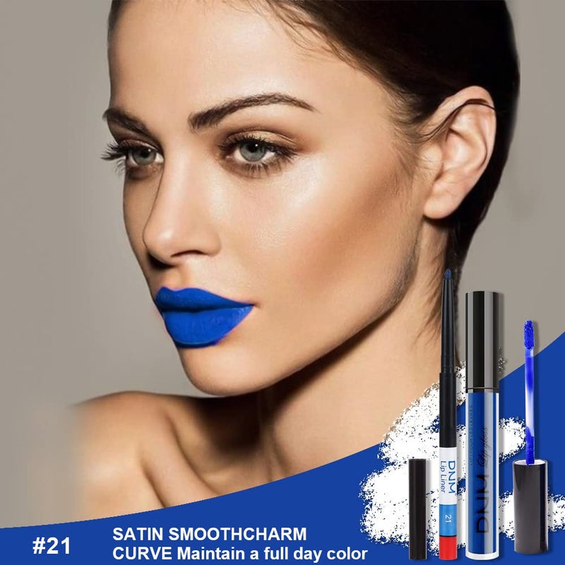 evpct 2Pcs Royal Light Blue Matte Liquid Lipstick and Lip Liner Pencil Makeup Set DNM Blue Lipstick 24H and with Lip Liner Set Waterproof Long Lasting labiales mate 24 horas originales 21# - Image 2