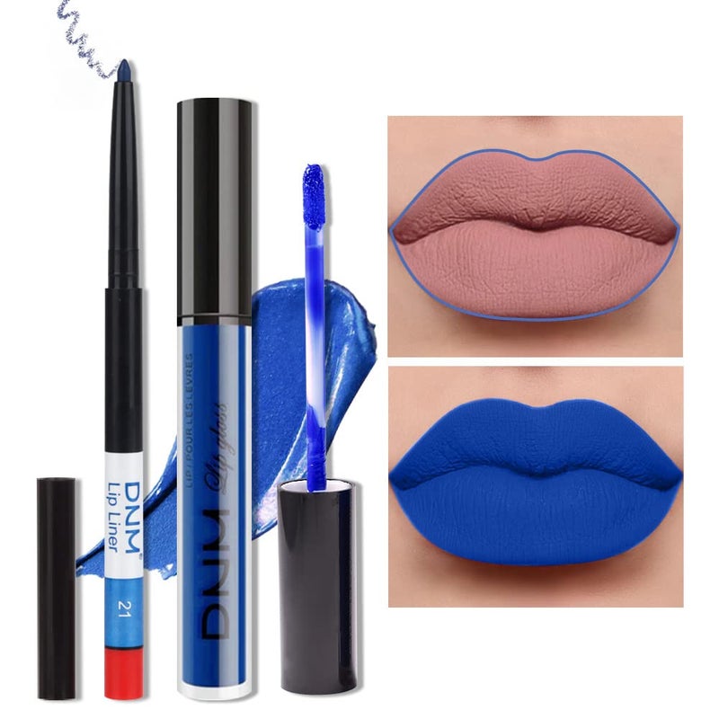 evpct 2Pcs Royal Light Blue Matte Liquid Lipstick and Lip Liner Pencil Makeup Set DNM Blue Lipstick 24H and with Lip Liner Set Waterproof Long Lasting labiales mate 24 horas originales 21# - Image 1