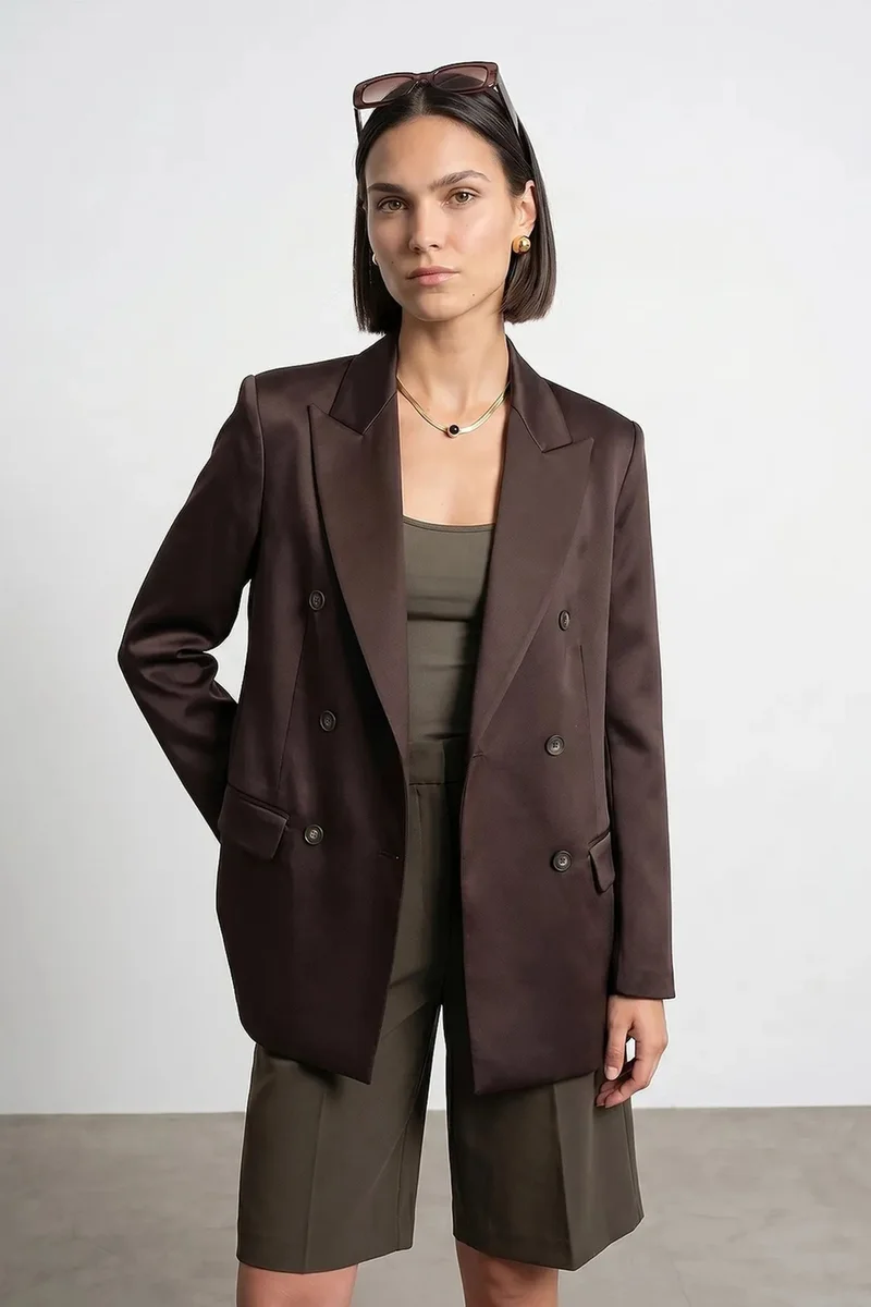 ديلفين DILVIN Long Satin Shawl-Collar Blazer