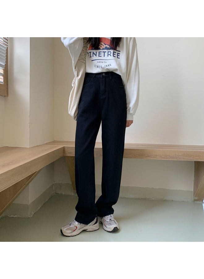 Private Brand جينز نسائي واسع الساق عالي الخصر بتصميم كوري عتيق مبطن بالفليس سميك أسود مستقيم الساق طوله يصل إلى الأرض - Image 2