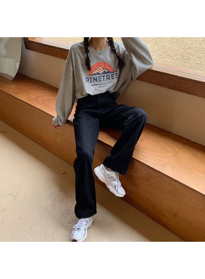 Private Brand جينز نسائي واسع الساق عالي الخصر بتصميم كوري عتيق مبطن بالفليس سميك أسود مستقيم الساق طوله يصل إلى الأرض - Image 4
