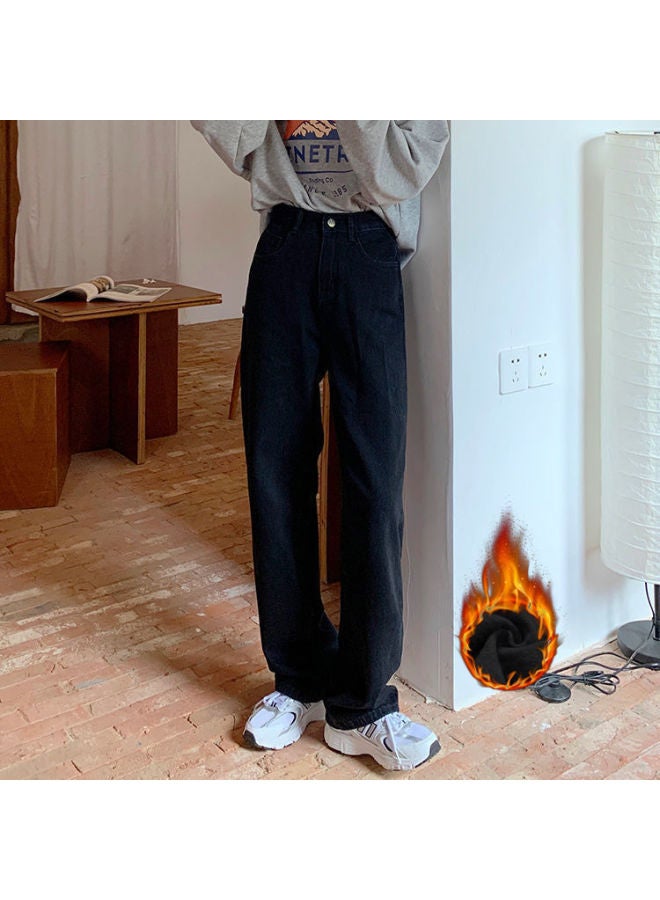 Private Brand جينز نسائي واسع الساق عالي الخصر بتصميم كوري عتيق مبطن بالفليس سميك أسود مستقيم الساق طوله يصل إلى الأرض - Image 1