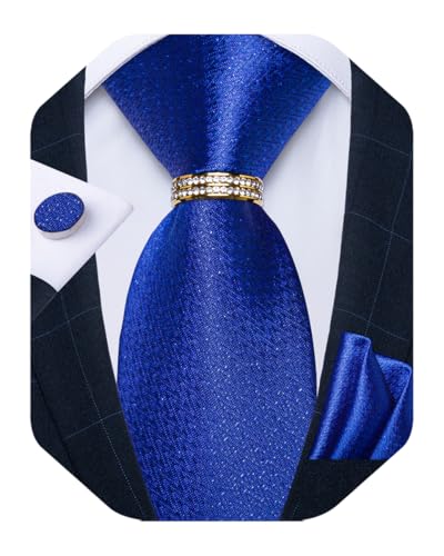 DiBanGu Mens Tie Set Silk Necktie and Gold Tie Ring Pocket Square Cufflinks Formal Business Wedding Ties with Gift Box, Royal Blue - Image 1