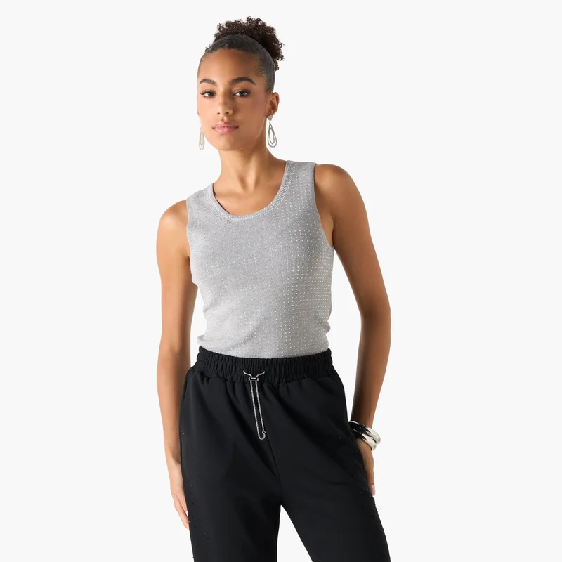2Xtremz 2Xtremz Embellished Sleeveless Tank Top with Round Neck
