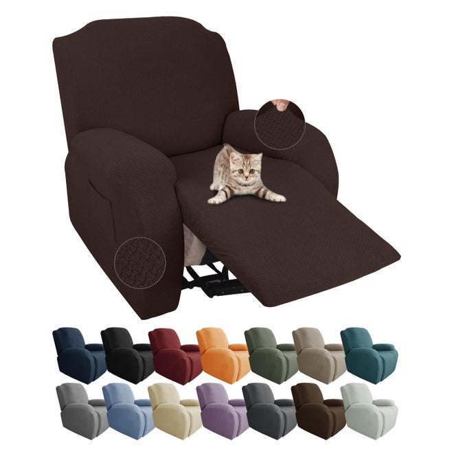4PIECE RECLINER CHAIR COVERS STRETCH JACQUARD CHAIR COVERS FOR RECLINING CHAIR RECLINER SLIPCOVERS FOR LIVING ROOM SOFT RECLINER PROTECTOR WITH POCKET RECLINERDARK COFFEE