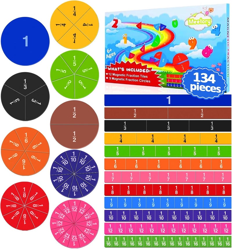 Meetory 134 Pcs Magnetic Fraction Tiles & Fraction Circles - Math Manipulatives for Preschool Elementary School Educational Resources Classroom Educational Kit - Image 1
